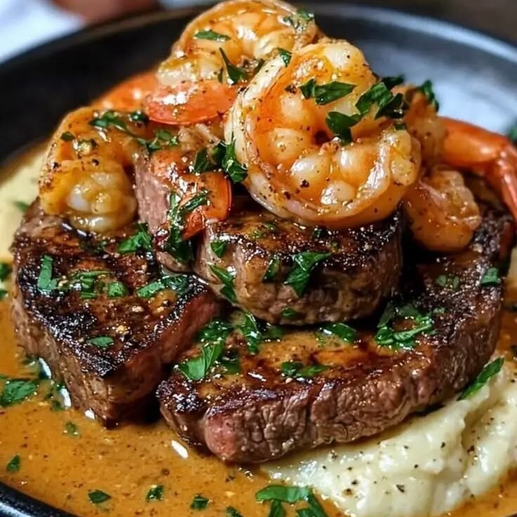 Surf & Turf Over Garlic Mashed Potatoes