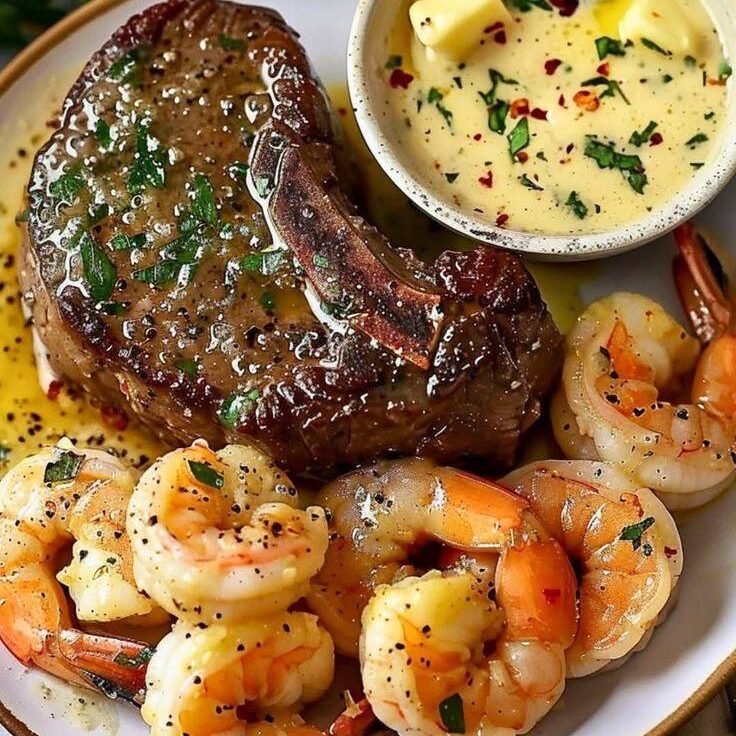 Classic Surf & Turf with Herb Butter Sauce 🧈🥩🦐