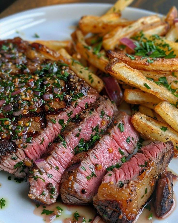 Grilled Steak with Mustard Herb Sauce & Crispy Fries 🔥🥩🌿🍟